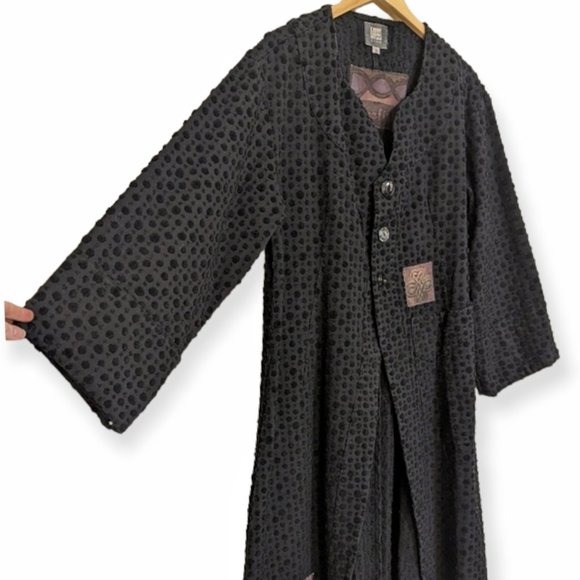 Vtg Blue Fish Black Cotton Chenille Dot Lagenlook Duster Art Patch Longline Coat - Picture 4 of 16